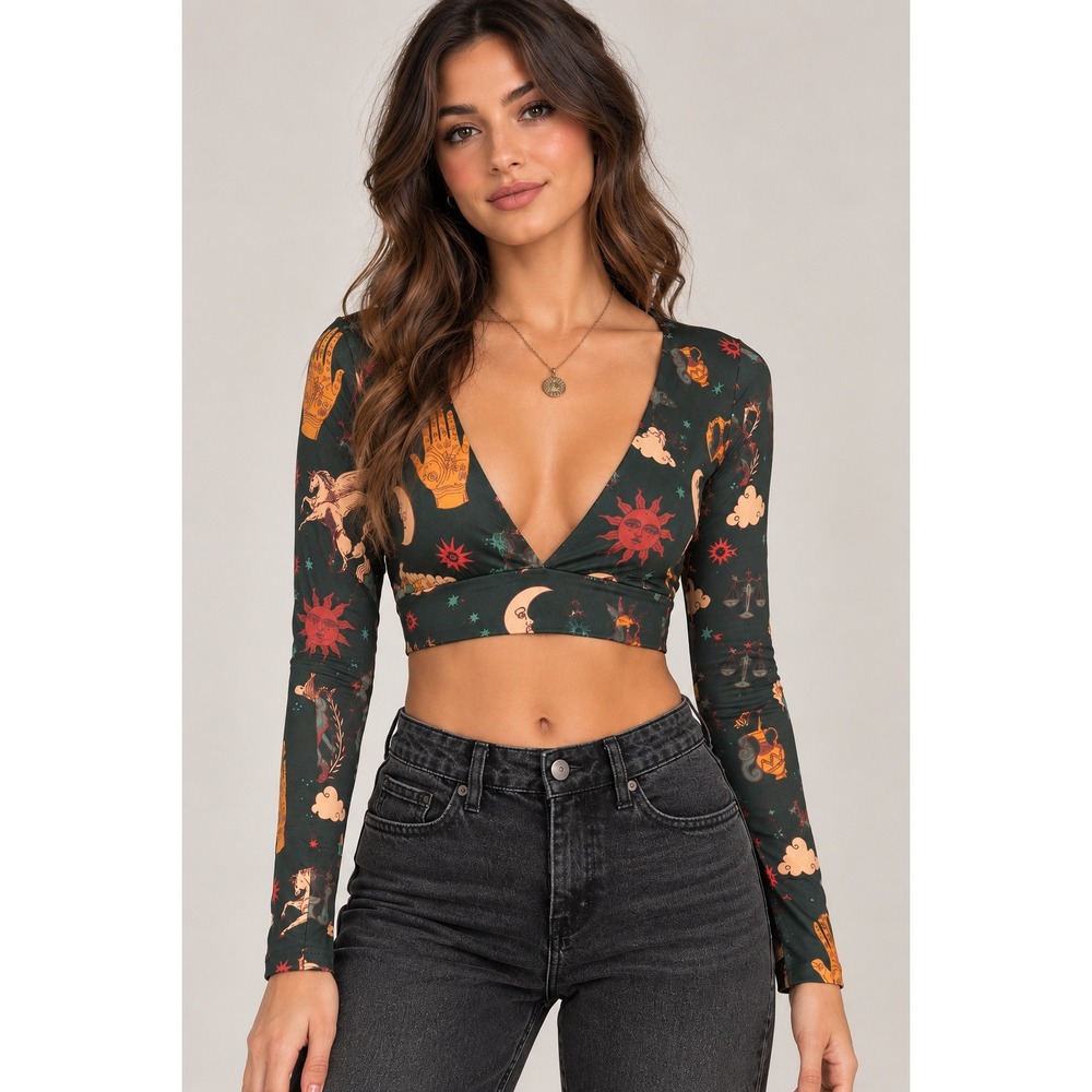 Whimsigoth Celestial Astrology Wrap Crop Top Tie Back Size S Witchy Y2K